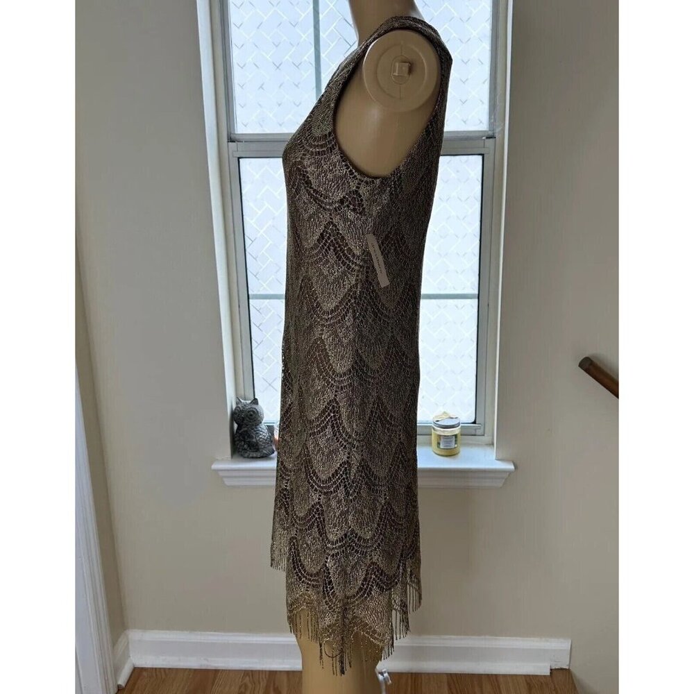 Dressbarn Shift Dress Size L/10 Shiny Brown Dark Lined Fringe Hem Sleeveless - Picture 3 of 15
